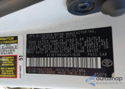 2019 Toyota Camry Le from USA, damaged, VIN 4T1B11HKXKU741636